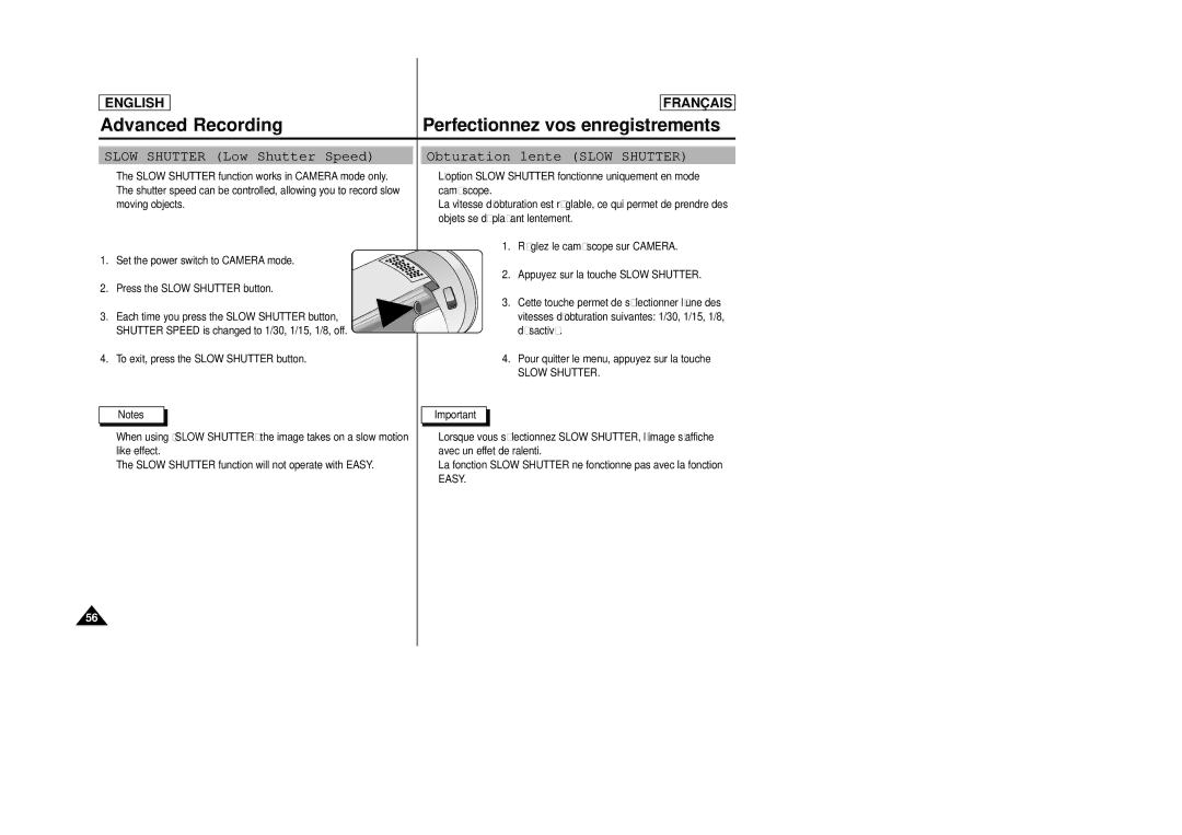 Samsung SCD23/D24 manual Slow Shutter Low Shutter Speed, Obturation lente Slow Shutter 