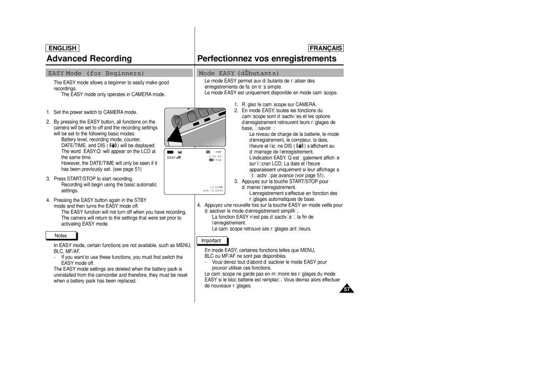 Samsung SCD23/D24 manual Easy Mode for Beginners, Mode Easy débutants, Base, à savoir 