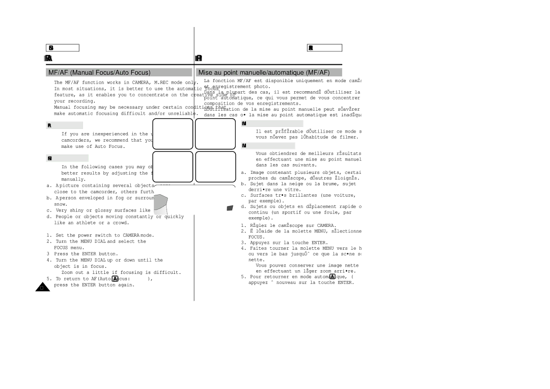 Samsung SCD23/D24 manual MF/AF Manual Focus/Auto Focus, Mise au point manuelle/automatique MF/AF 