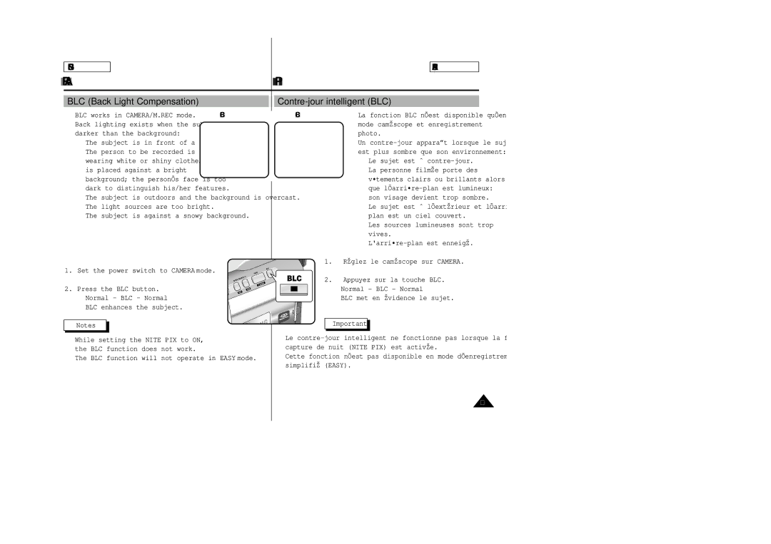 Samsung SCD23/D24 manual BLC Back Light Compensation, Contre-jour intelligent BLC, BLC works in CAMERA/M.REC mode, BLC on 