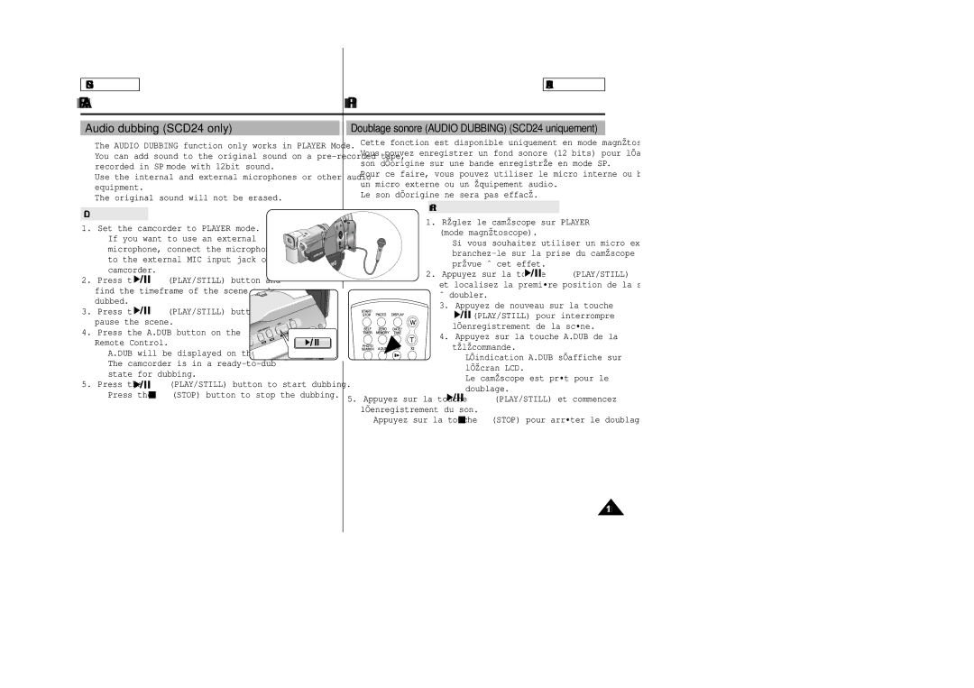 Samsung SCD23/D24 manual Audio dubbing SCD24 only, Dubbing sound, Réalisation du doublage sonore 