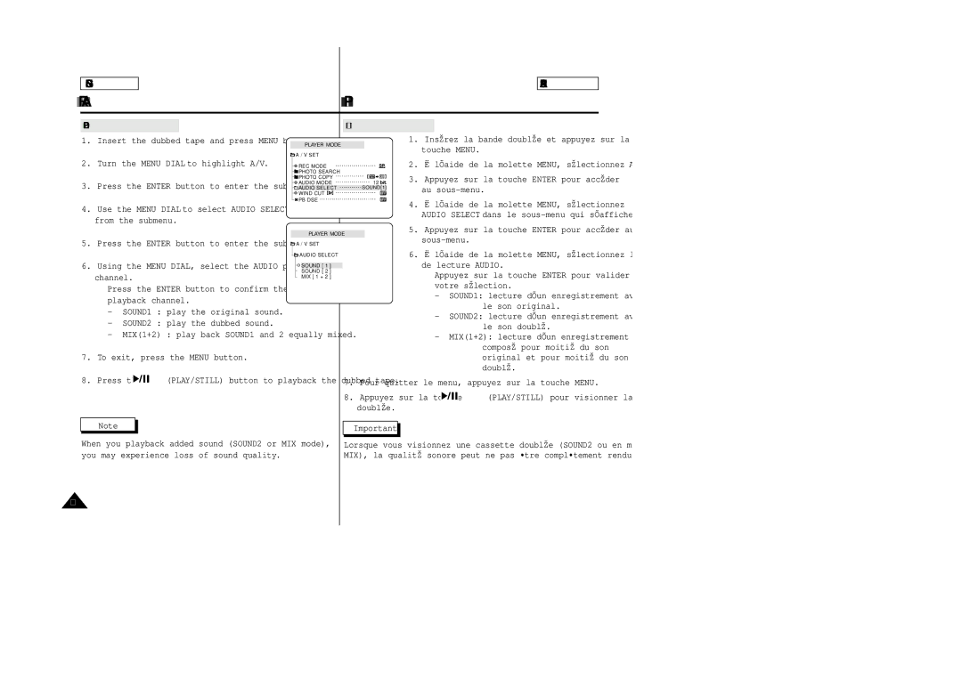 Samsung SCD23/D24 manual Dubbed audio Playback Écoute du son doublé 