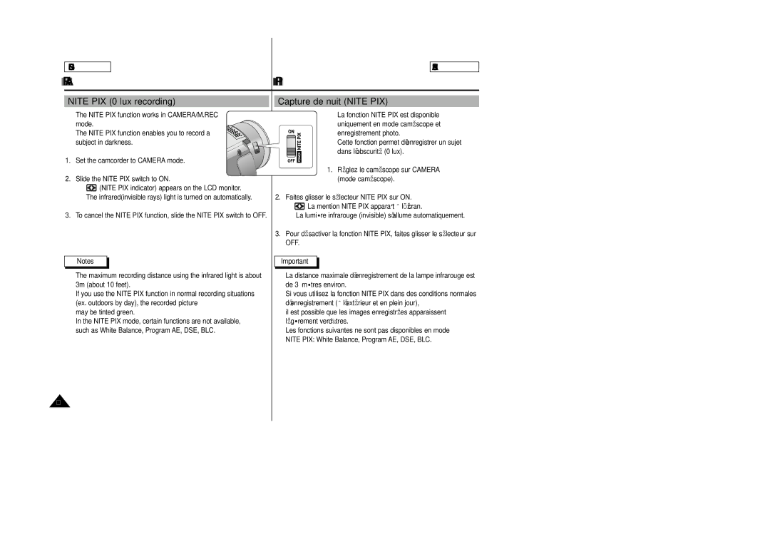 Samsung SCD23/D24 manual Nite PIX 0 lux recording, Capture de nuit Nite PIX 