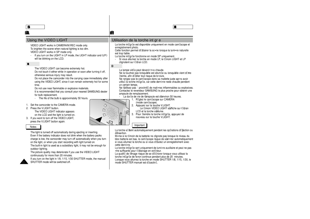 Samsung SCD23/D24 manual Using the Video Light, Utilisation de la torche intégrée 