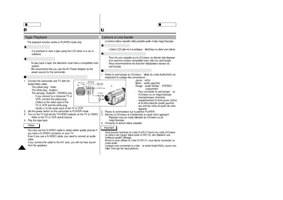 Samsung SCD23/D24 manual Tape Playback Lecture d’une bande 