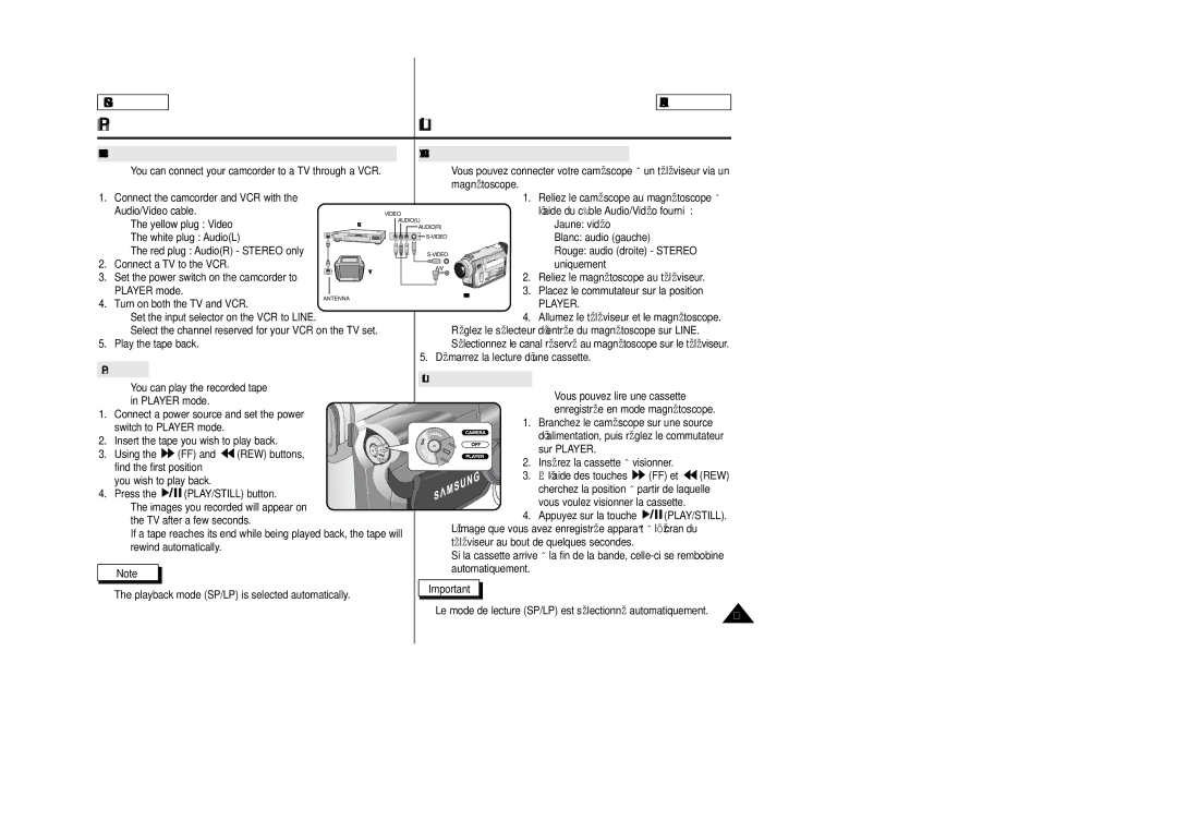 Samsung SCD23/D24 manual Lecture de la cassette, Playback 