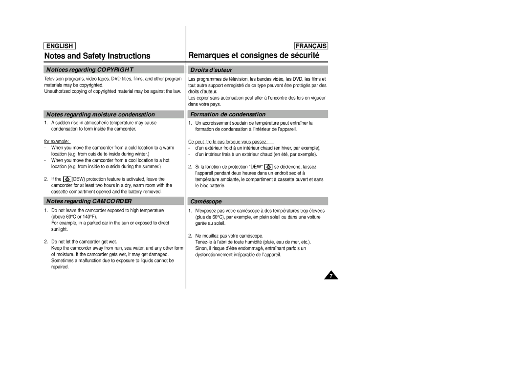 Samsung SCD23/D24 manual Droits d’auteur, Formation de condensation 