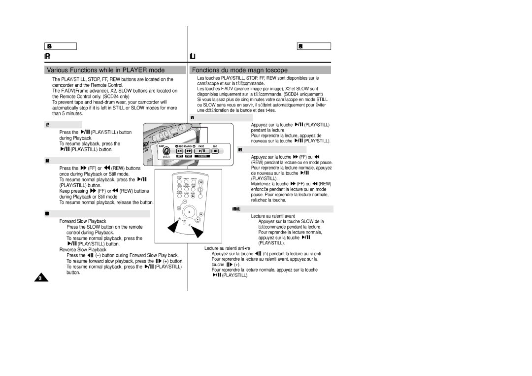 Samsung SCD23/D24 manual Various Functions while in Player mode, Fonctions du mode magnétoscope, Playback pause 