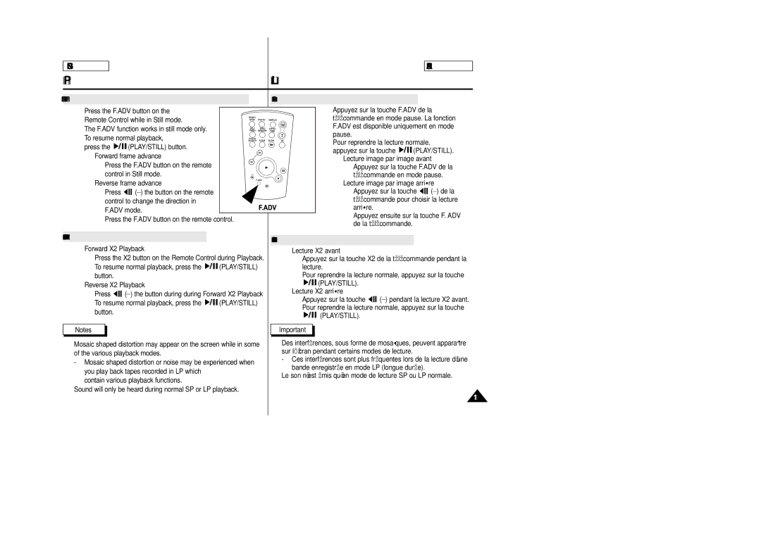 Samsung SCD23/D24 X2 Playback Forward/Reverse SCD24 only, Forward X2 Playback, Lecture X2 avant/arrière SCD24 uniquement 