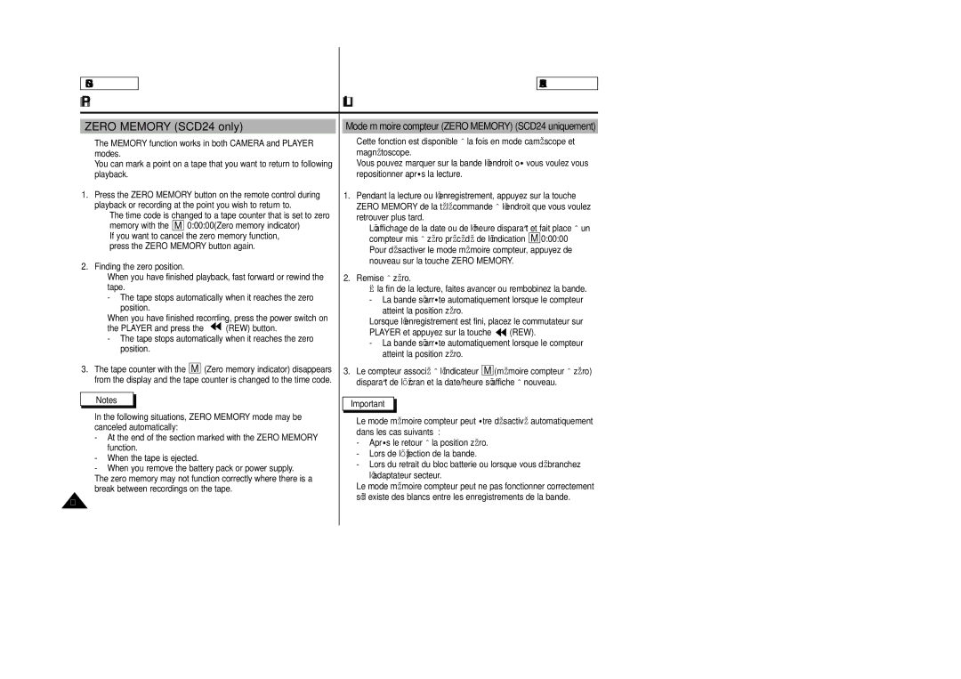 Samsung SCD23/D24 manual Zero Memory SCD24 only, Mode mémoire compteur Zero Memory SCD24 uniquement 