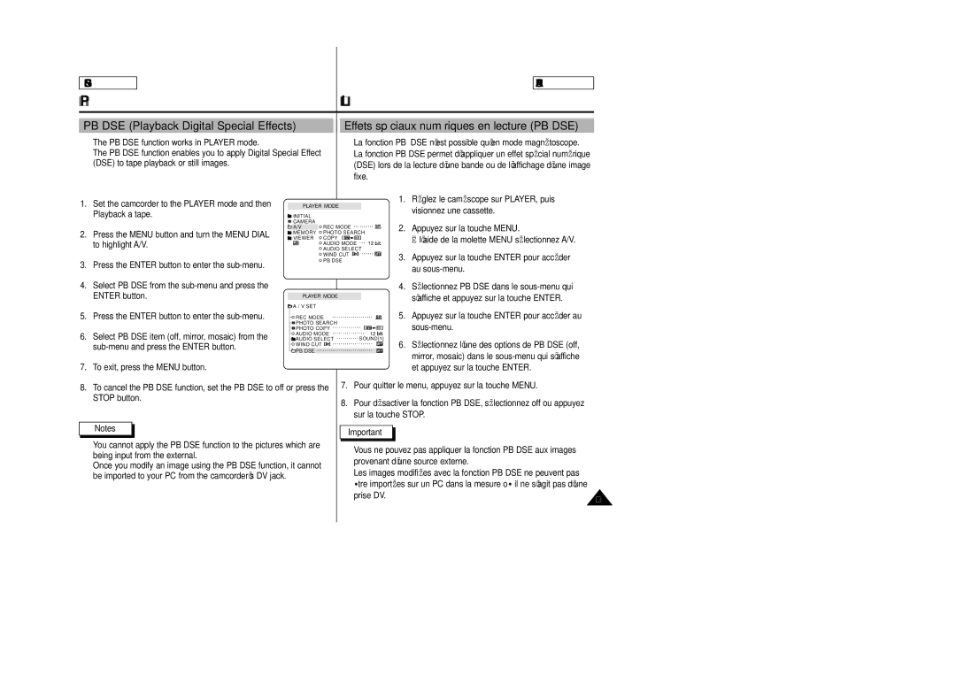 Samsung SCD23/D24 manual PB DSE Playback Digital Special Effects, Effets spéciaux numériques en lecture PB DSE, Prise DV 