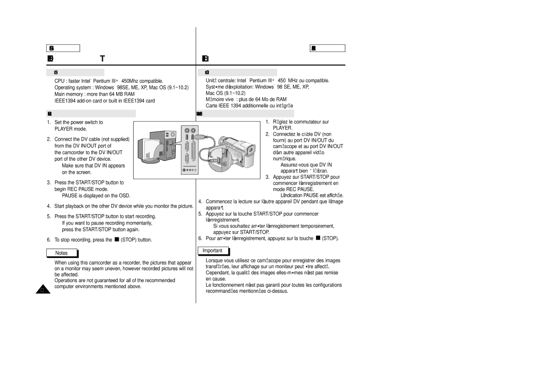 Samsung SCD23/D24 manual System requirements, Configuration système requise, Recording with a DV connection cable 