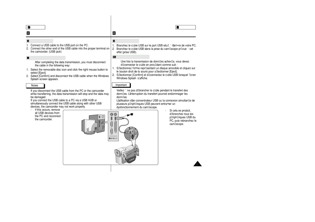 Samsung SCD23/D24 manual USB interface, Disconnecting the USB cable, Déconnexion du câble USB, Débranchez tous les 