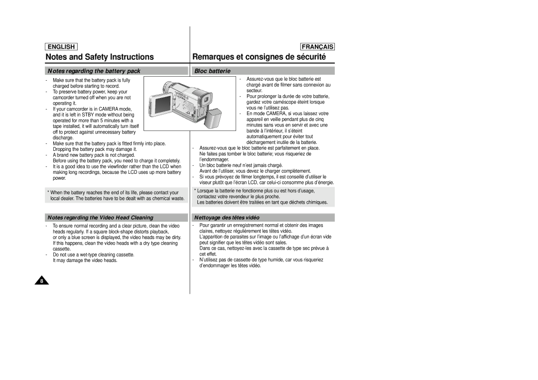 Samsung SCD23/D24 manual Bloc batterie, Nettoyage des têtes vidéo, Make sure that the battery pack is fully 