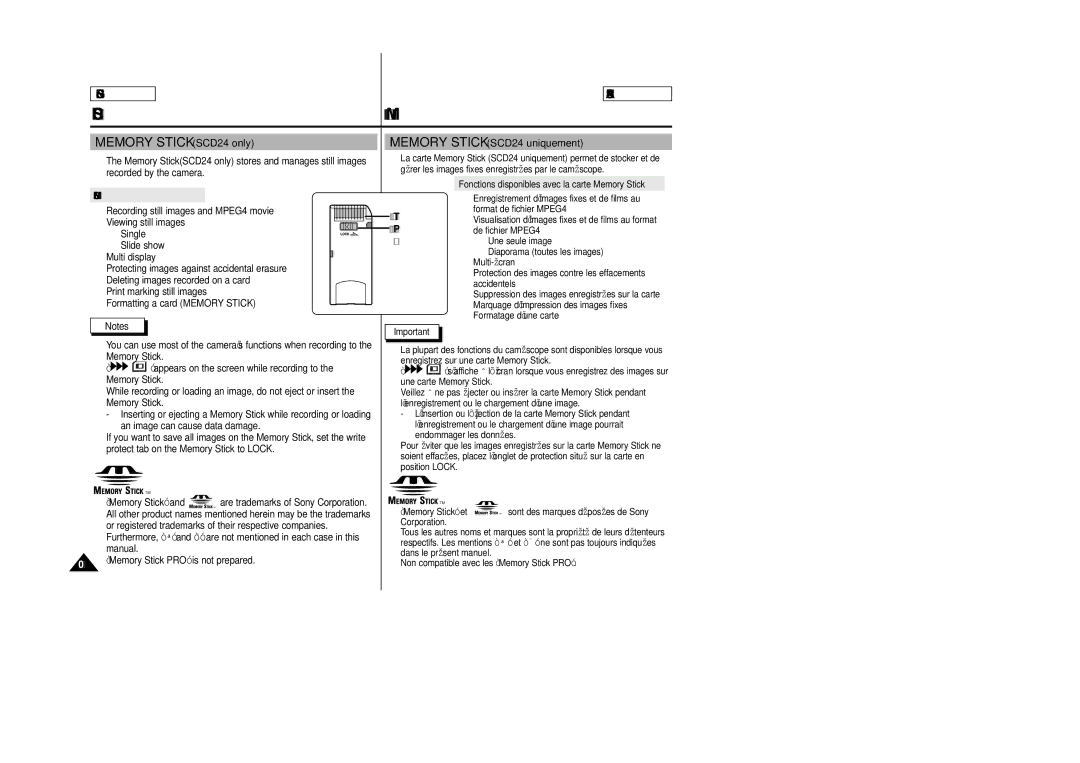 Samsung SCD23/D24 manual Memory Stick SCD24 only, Memory Stick Functions, Protection, Tab 