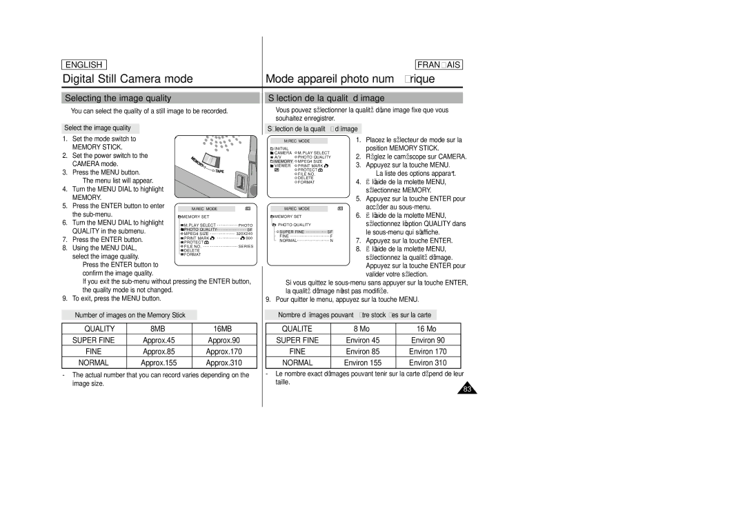 Samsung SCD23/D24 manual Selecting the image quality, Sélection de la qualité d’image 