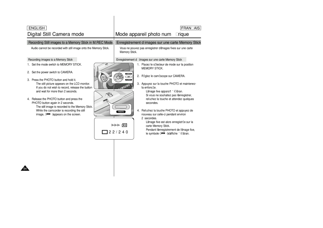 Samsung SCD23/D24 manual Recording images to a Memory Stick, Enregistrement d’images sur une carte Memory Stick 