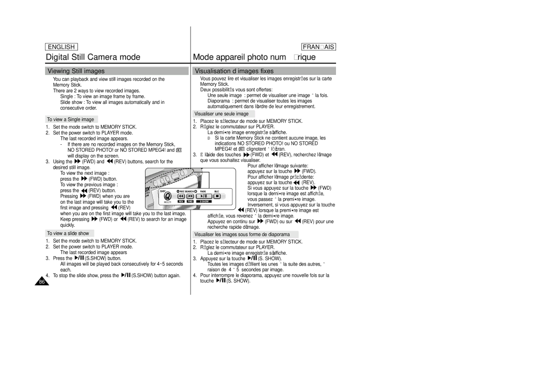 Samsung SCD23/D24 manual Viewing Still images, Visualisation d’images fixes 