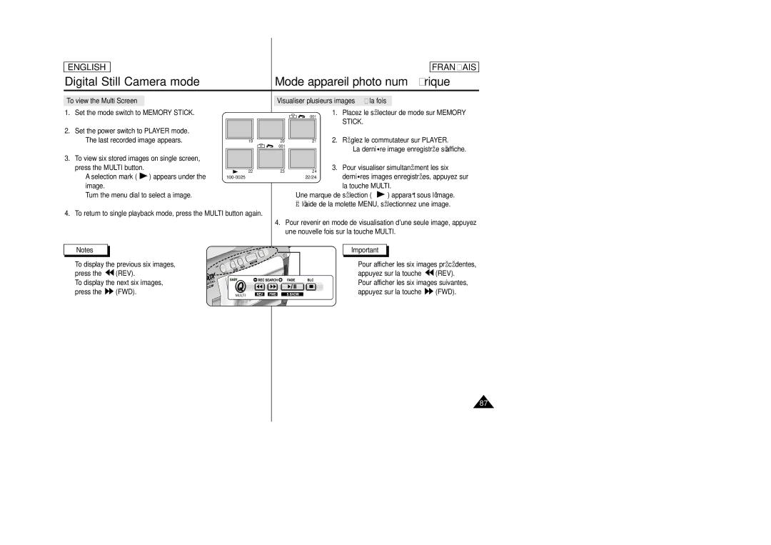 Samsung SCD23/D24 manual To view the Multi Screen, Visualiser plusieurs images à la fois, Stick 