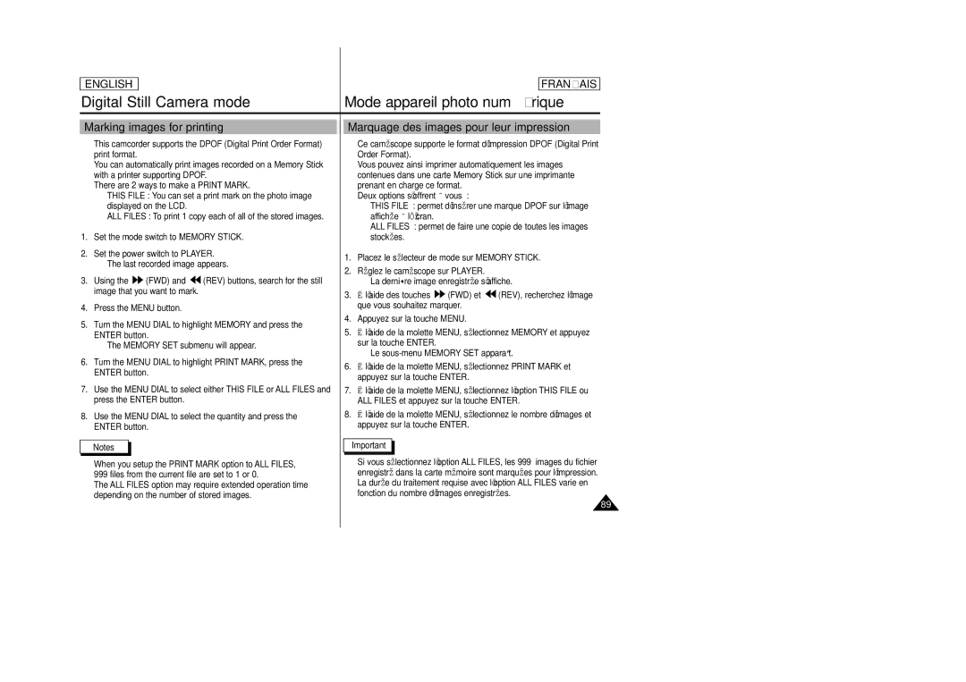 Samsung SCD23/D24 manual Marking images for printing, Marquage des images pour leur impression 