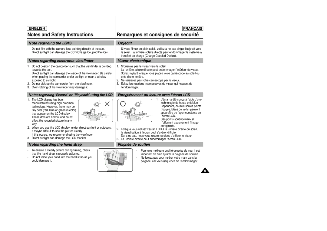 Samsung SCD23/D24 manual Objectif, Viseur électronique, Enregistrement ou lecture avec l’écran LCD, Poignée de soutien 