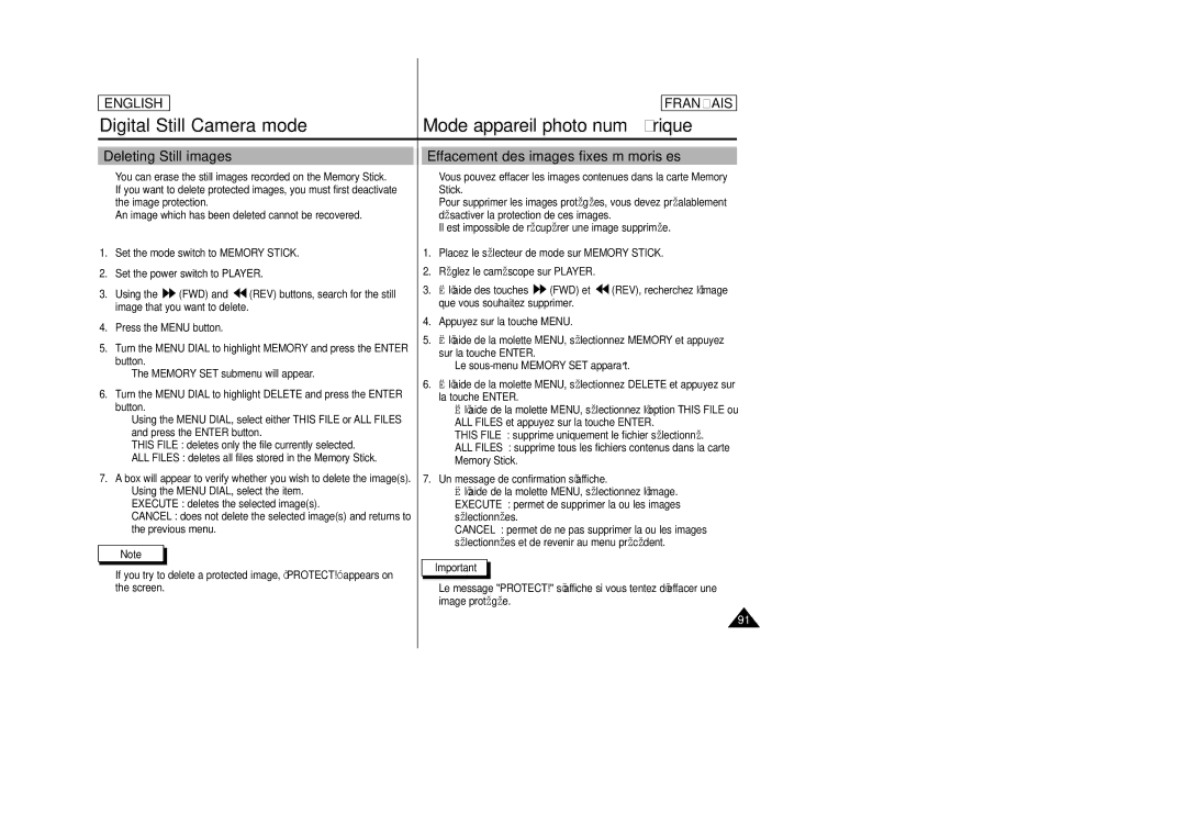 Samsung SCD23/D24 manual Deleting Still images, Effacement des images fixes mémorisées 