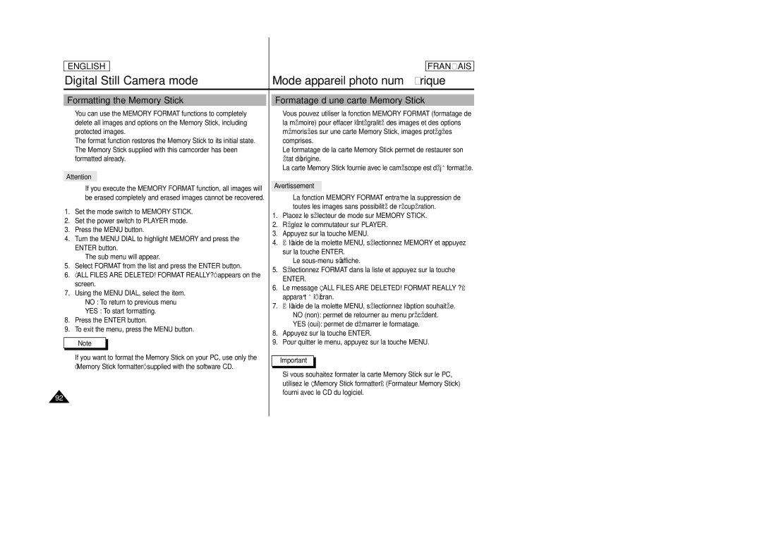 Samsung SCD23/D24 manual Formatting the Memory Stick, Formatage d’une carte Memory Stick, Avertissement 