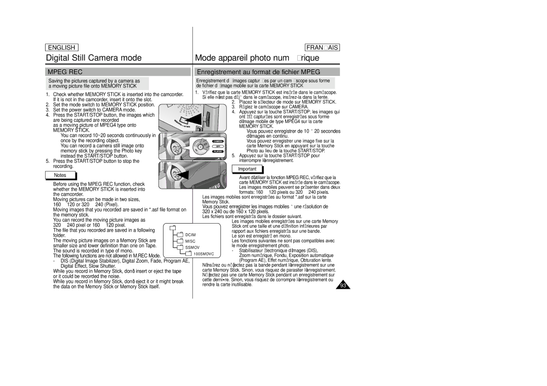 Samsung SCD23/D24 manual Enregistrement au format de fichier Mpeg 