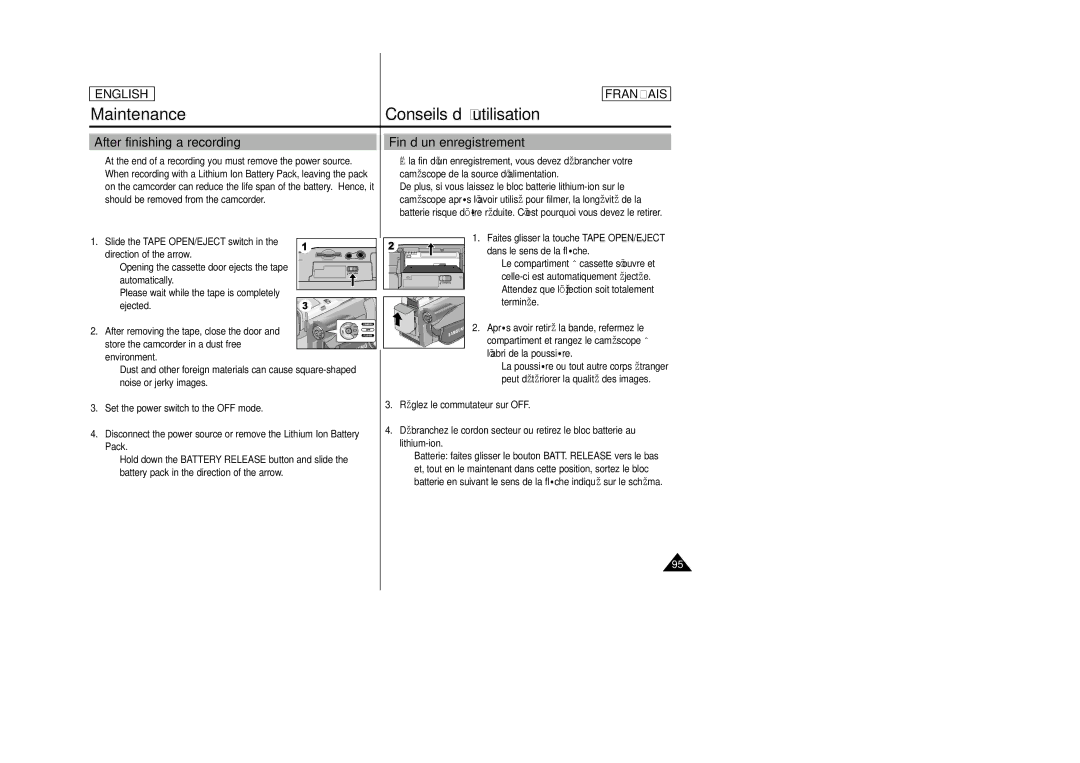 Samsung SCD23/D24 manual Maintenance Conseils d’utilisation, After finishing a recording Fin d’un enregistrement 