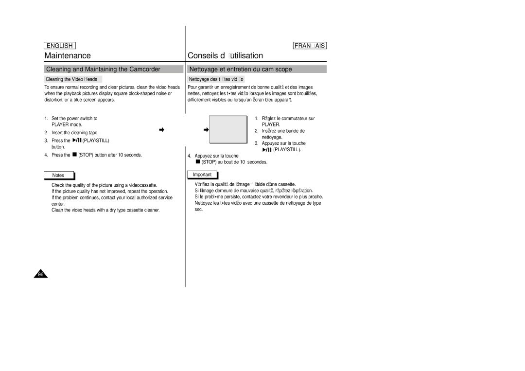 Samsung SCD23/D24 Maintenance Conseils d’utilisation, Cleaning and Maintaining the Camcorder, Cleaning the Video Heads 