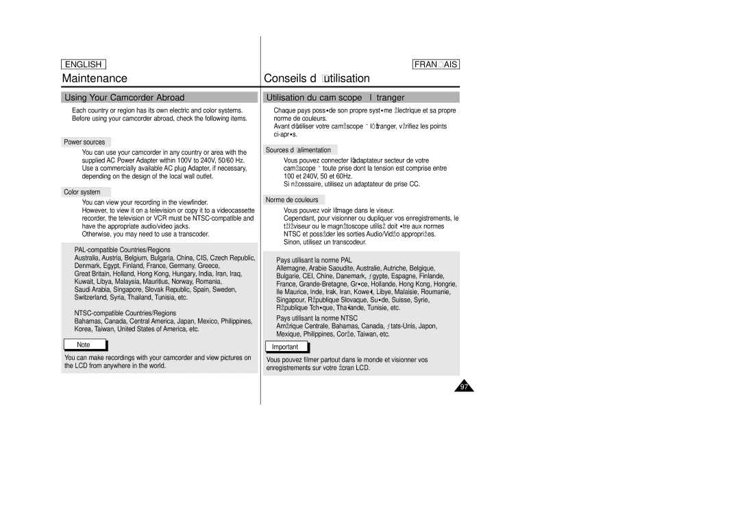 Samsung SCD23/D24 manual Using Your Camcorder Abroad, Utilisation du caméscope à l’étranger 