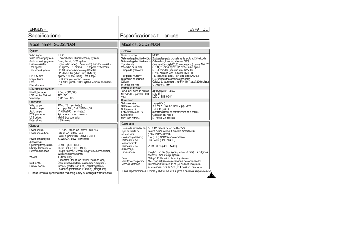 Samsung SCD24 manual Model name SCD23/D24, Modelos SCD23/D24, System, Sistema, General Generales 