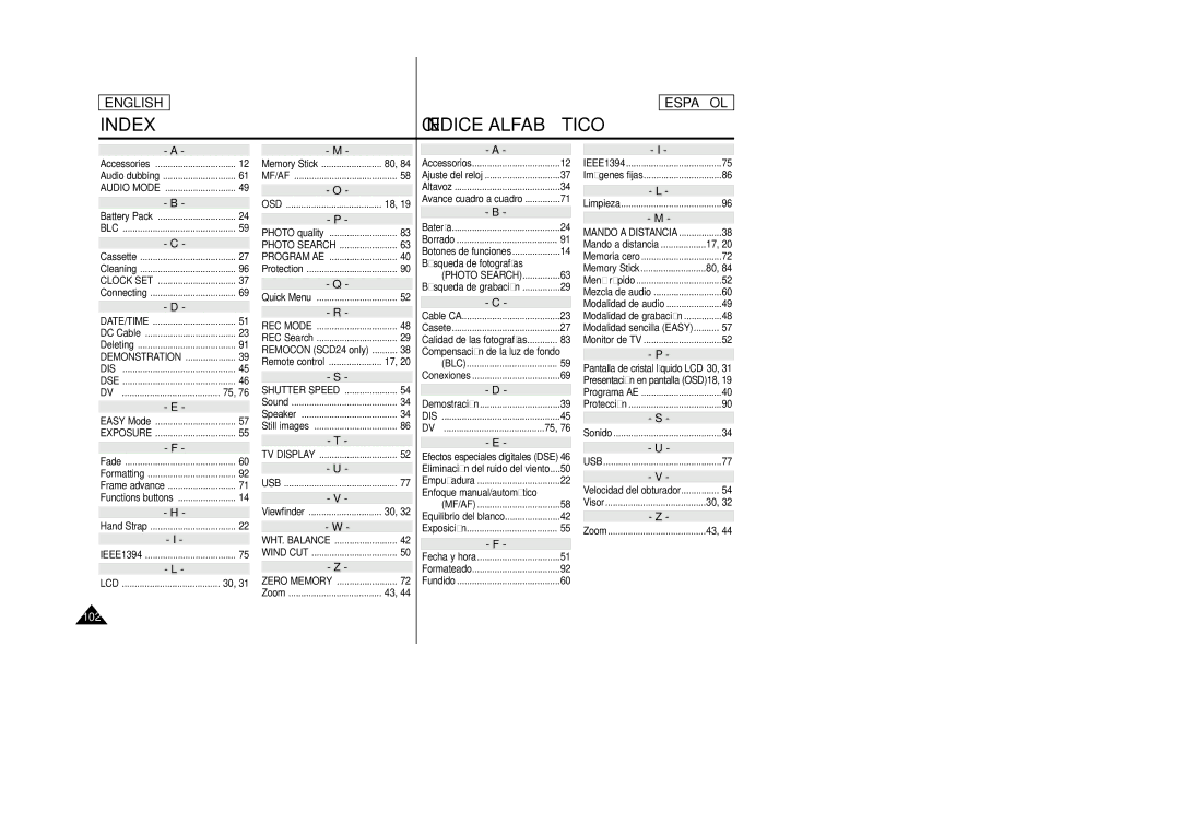 Samsung SCD24, SCD23 manual Index Índice Alfabé Tico 