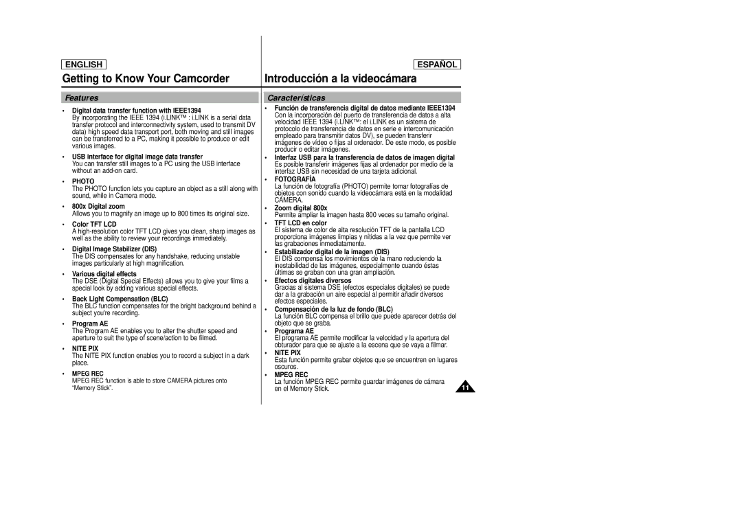 Samsung SCD23, SCD24 manual Getting to Know Your Camcorder, Features, Características 