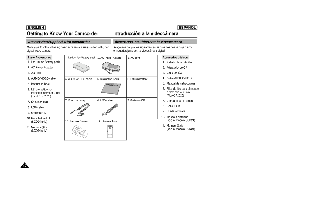 Samsung SCD24, SCD23 manual Accessories Supplied with camcorder, Accesorios incluidos con la videocámara, Basic Accessories 