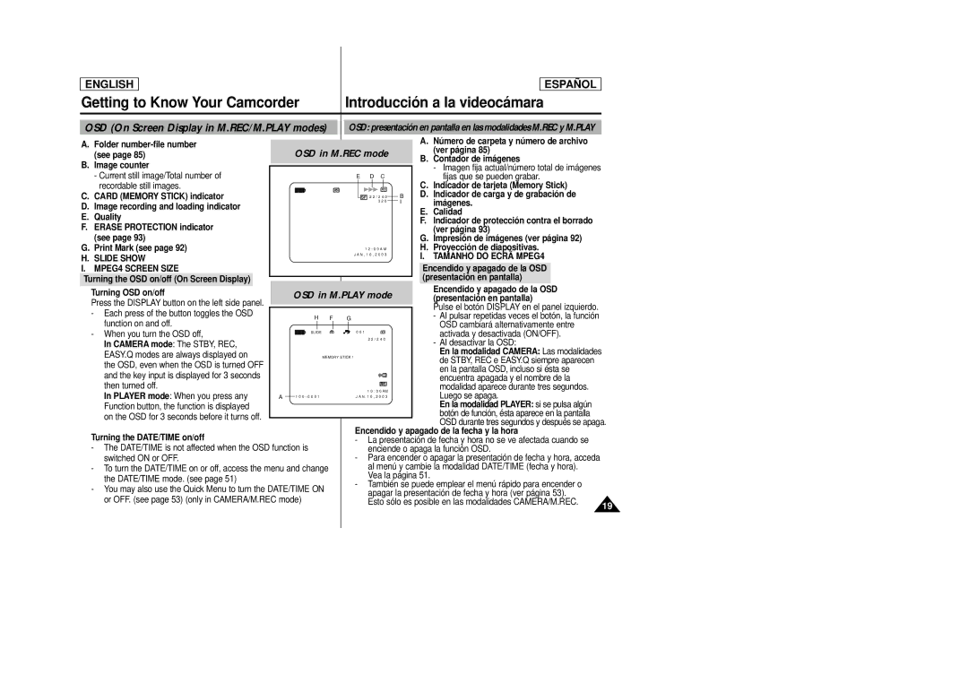 Samsung SCD23, SCD24 manual OSD On Screen Display in M.REC/M.PLAY modes, OSD in M.REC mode, Slide Show 