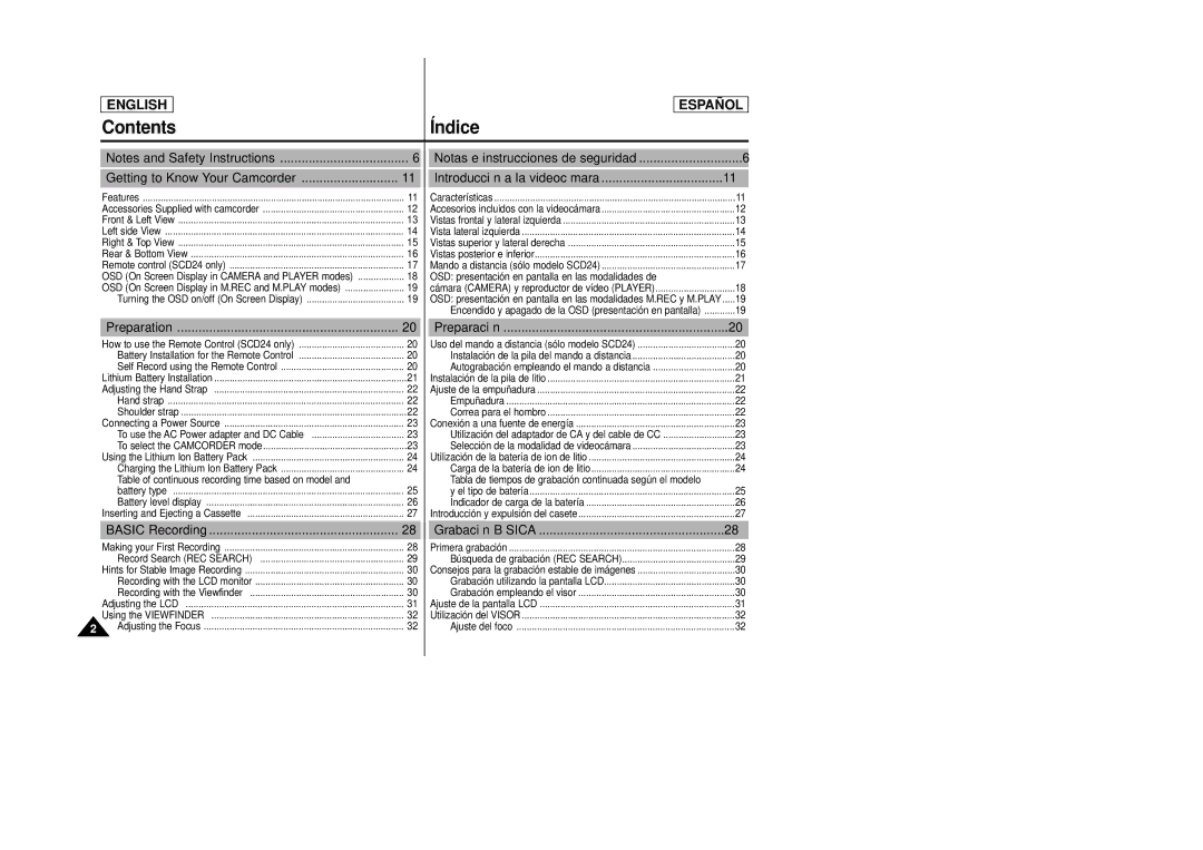 Samsung SCD24, SCD23 manual Contents Índice 