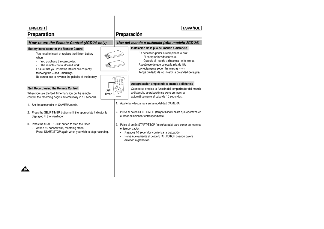 Samsung SCD23 manual Preparació n, How to use the Remote Control SCD24 only, Uso del mando a distancia sólo modelo SCD24 