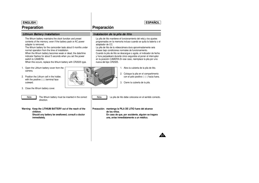 Samsung SCD23 Lithium battery maintains the clock function and preset, Adapter is removed Adaptador de CC, Nota, Direction 