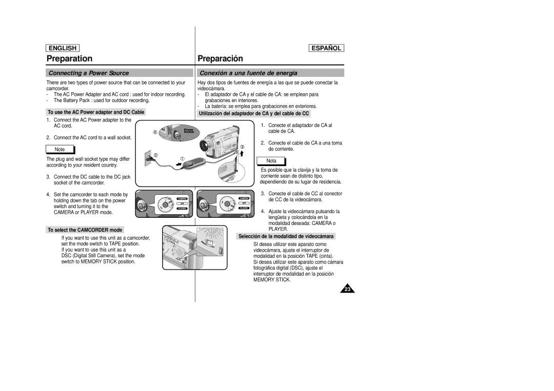 Samsung SCD23, SCD24 manual Connecting a Power Source, Conexión a una fuente de energía 