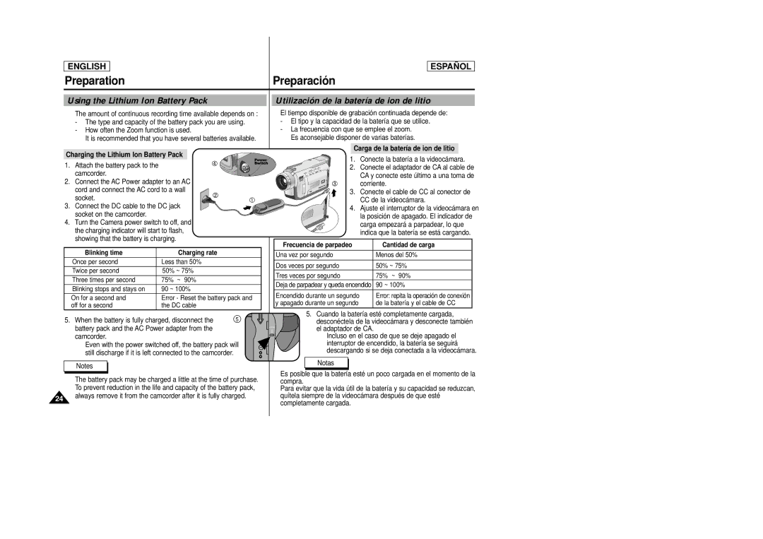 Samsung SCD24, SCD23 manual Charging the Lithium Ion Battery Pack, Carga de la batería de ion de litio 