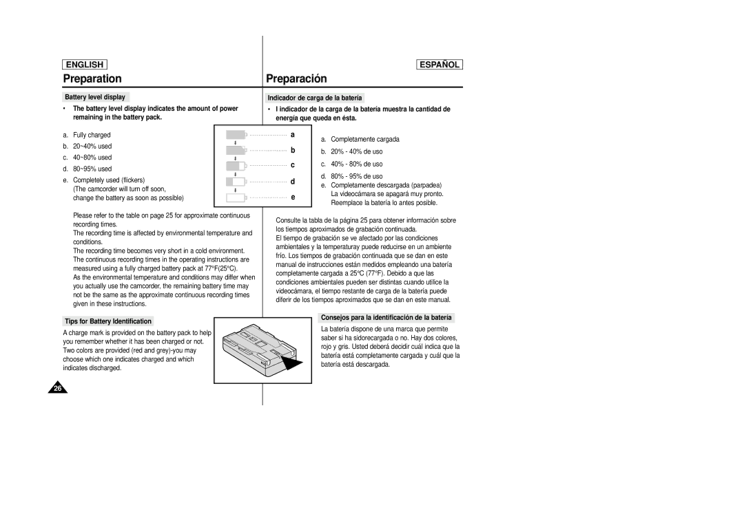 Samsung SCD24, SCD23 manual Preparation, Tips for Battery Identification, Consejos para la identificació n de la batería 