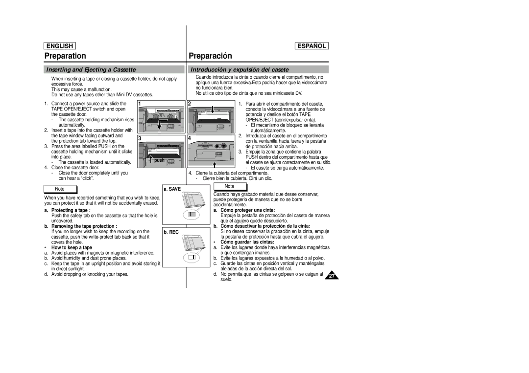 Samsung SCD23, SCD24 manual Preparation Preparació n, Inserting and Ejecting a Cassette, Introducción y expulsión del casete 