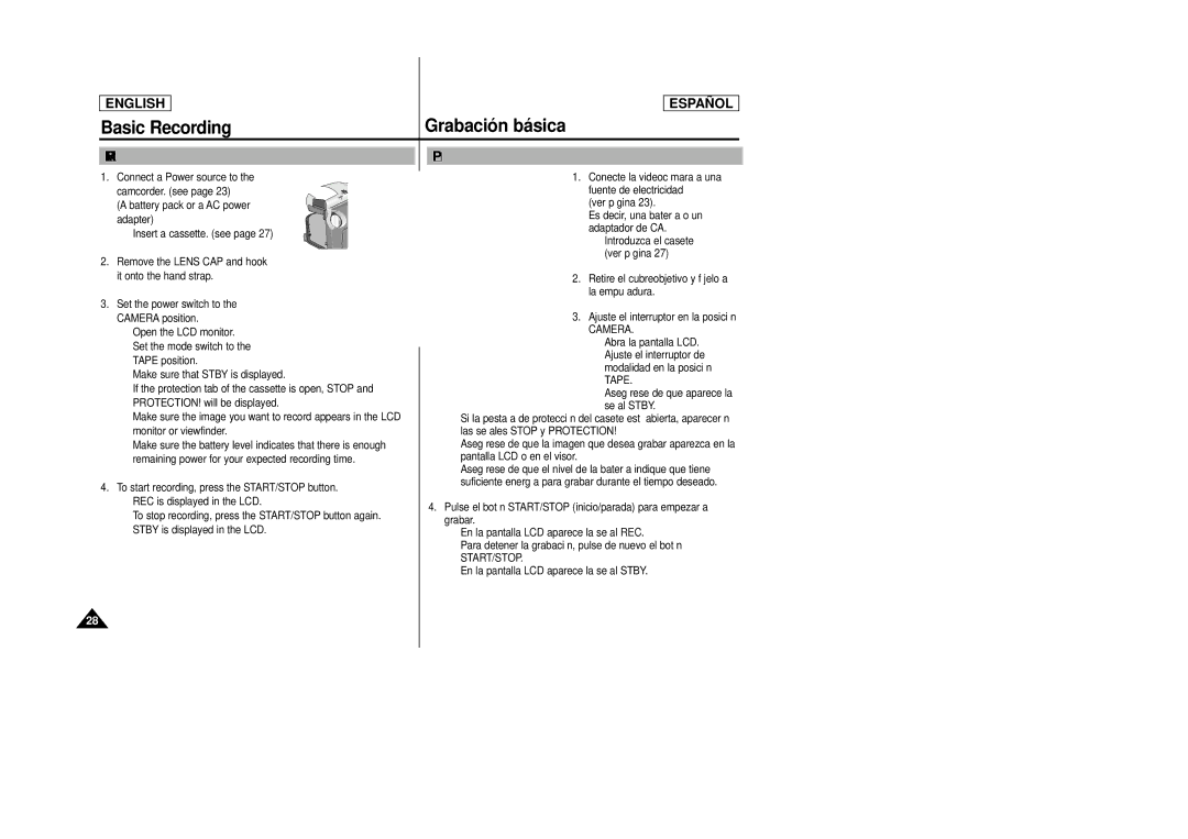 Samsung SCD24, SCD23 manual Basic Recording, Making your First Recording, Primera grabación, Start/Stop 