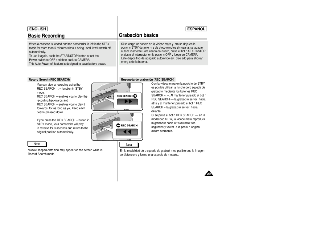 Samsung SCD23, SCD24 manual Record Search REC Search, Búsqueda de grabación REC Search 