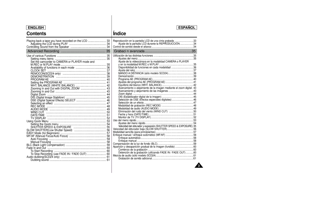 Samsung SCD23, SCD24 manual Advanced Recording, Grabación avanzada, Set the camcorder to Camera or Player mode 