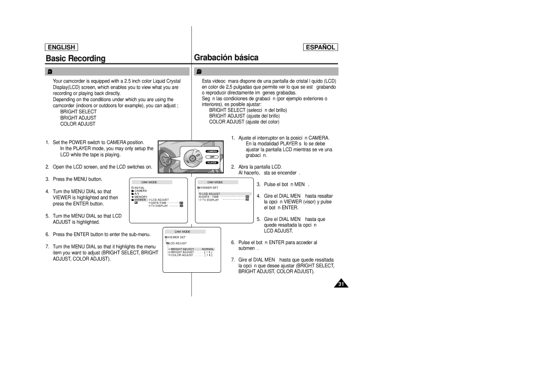 Samsung SCD23, SCD24 manual Basic Recording Grabación básica, Adjusting the LCD Ajuste de la pantalla LCD 