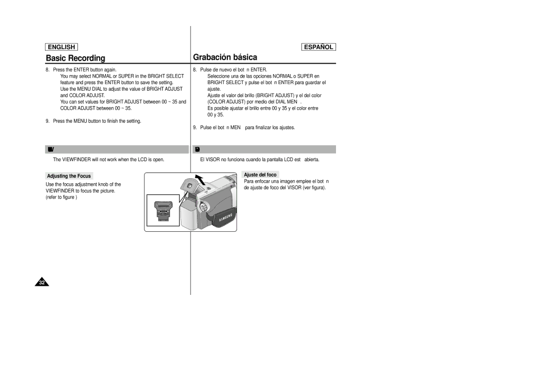 Samsung SCD24, SCD23 manual Using the Viewfinder, Utilización del Visor, Adjusting the Focus, Ajuste del foco 