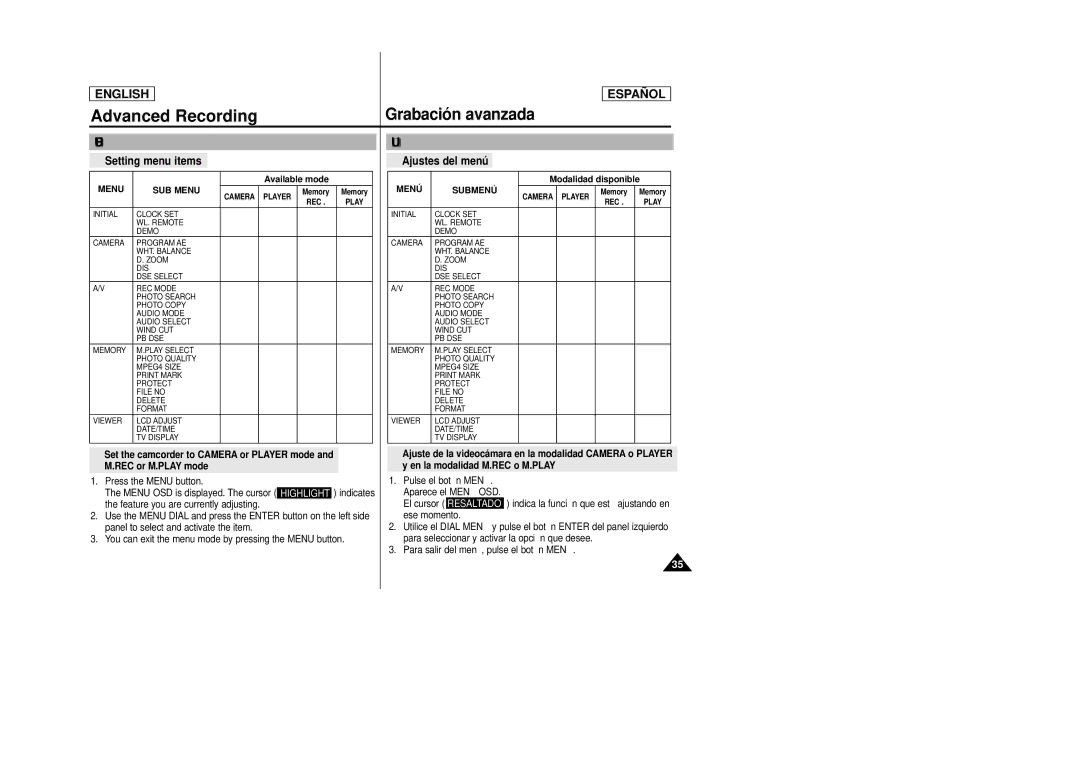 Samsung SCD23, SCD24 manual Use of various Functions, Utilización de las distintas funciones 