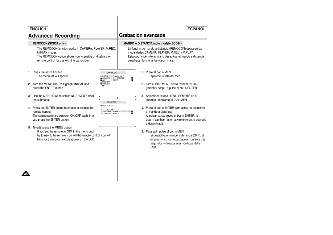 Samsung SCD23 manual Mando a Distancia sólo modelo SCD24, Pulse el botón Menú Aparece la lista del menú 